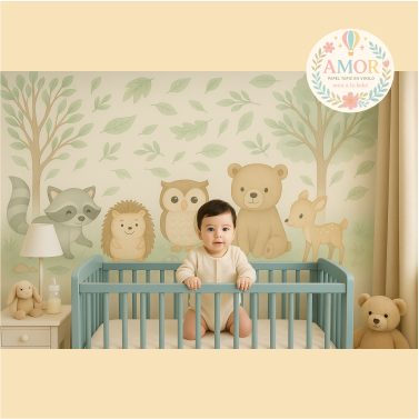 Animales del Bosque en niños papel tapiz para murales de habitaciones decoración osos hojasconejos, zorros, búhos