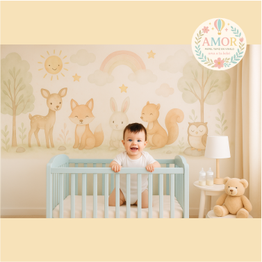 Animales del Bosque en niños papel tapiz para murales de habitaciones decoración conejos, zorros, arcoíris