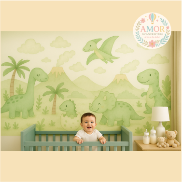 Dinosaurios y prehistoria verdes en niños papel tapiz para murales de habitaciones decoración