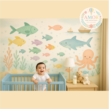 murales animales marinos barcos, pulpo tiburones para niños papel tapiz para murales de habitaciones decoración