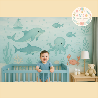 murales animales marinos Delfines, barcos, pulpo tiburones en tono azul para niños papel tapiz para murales de habitaciones decoración