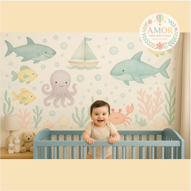murales animales marinos peces, barcos, pulpo tiburones para niños papel tapiz para murales de habitaciones decoración
