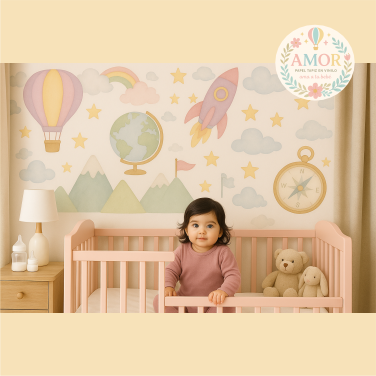 murales de aventura y exploracion, en globos, mapas, cohetes para niñas papel tapiz para murales de habitaciones decoración de pared