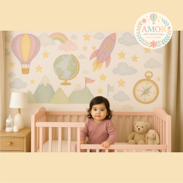 murales de aventura y exploracion, en globos, mapas, cohetes para niñas papel tapiz para murales de habitaciones decoración de pared