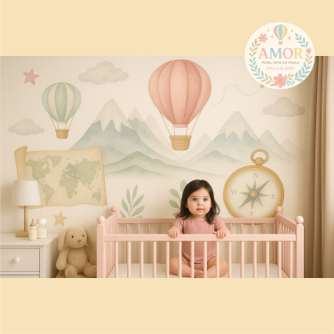 murales de aventura y exploracion, en globos, mapas, cohetes para niñas papel tapiz para murales de habitaciones decoración de pared