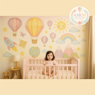 murales de aventura y exploracion, en globos, mapas, cohetes para niñas papel tapiz para murales de habitaciones decoración de pared