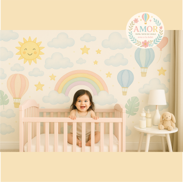 murales de nubes, estrellas, arcoíris y globos para niñas papel tapiz para murales de habitaciones decoración de pared